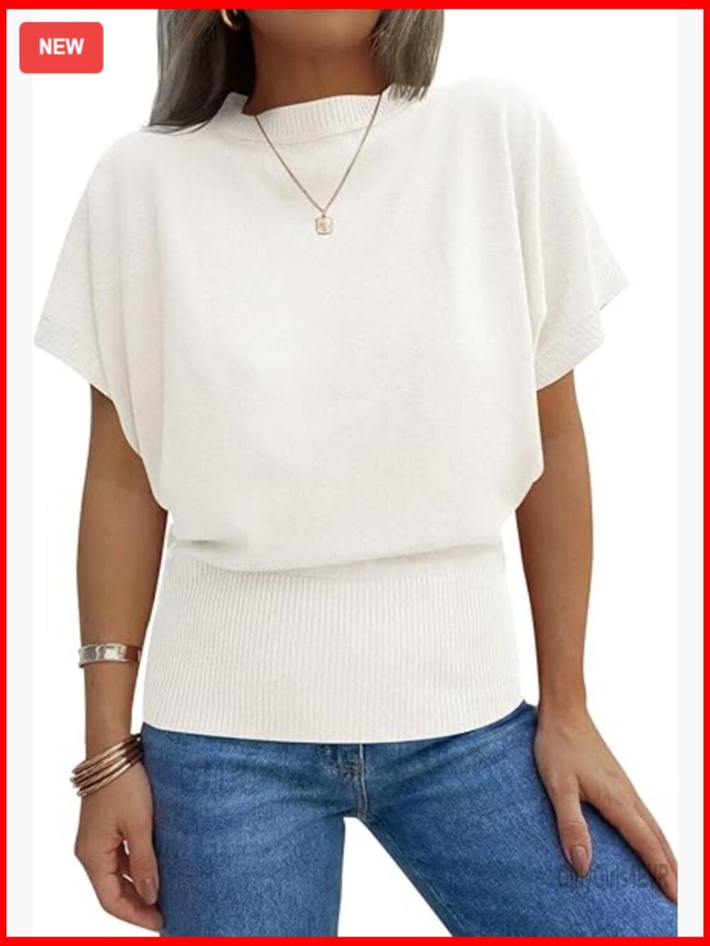Batwing Sleeve Ribbed Knit Pullover With Cinched Waist Summer Top